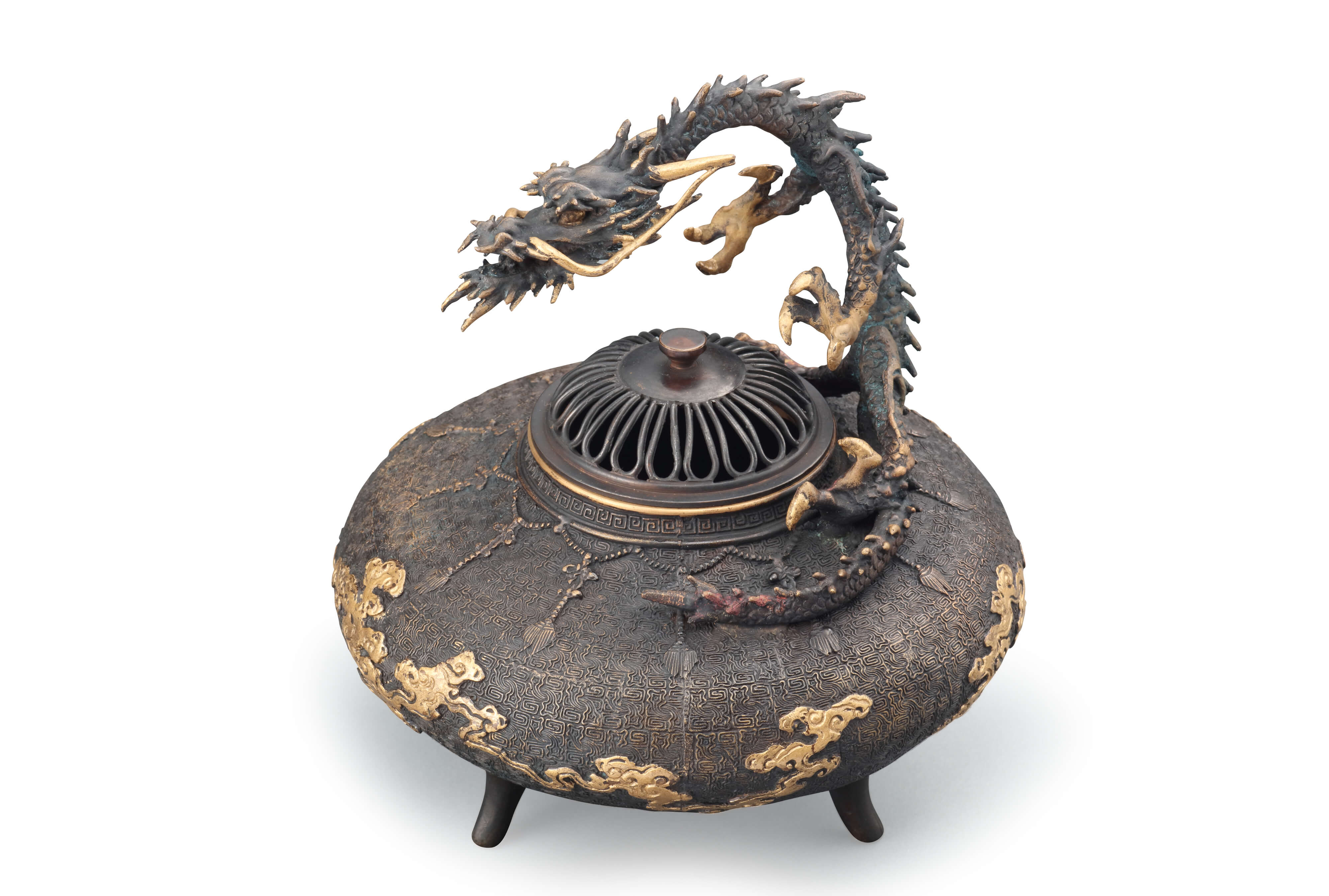 雲龍香炉（錆銅 蝋型 立龍提手 瓔珞雲 細密三足香炉）／ホームメイト