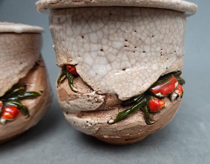 玉井楽山造 天神蟹 夫婦湯呑 共箱付 玉井楽山作 天神蟹彫