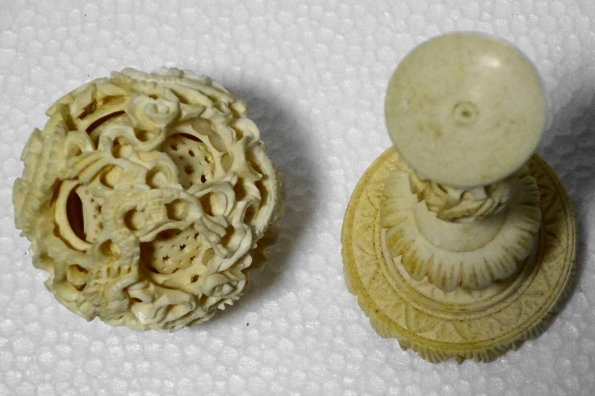 多層球 天球 中国美術 透かし彫り ⑧ 龍 象牙風 多重層 19cm 約100g