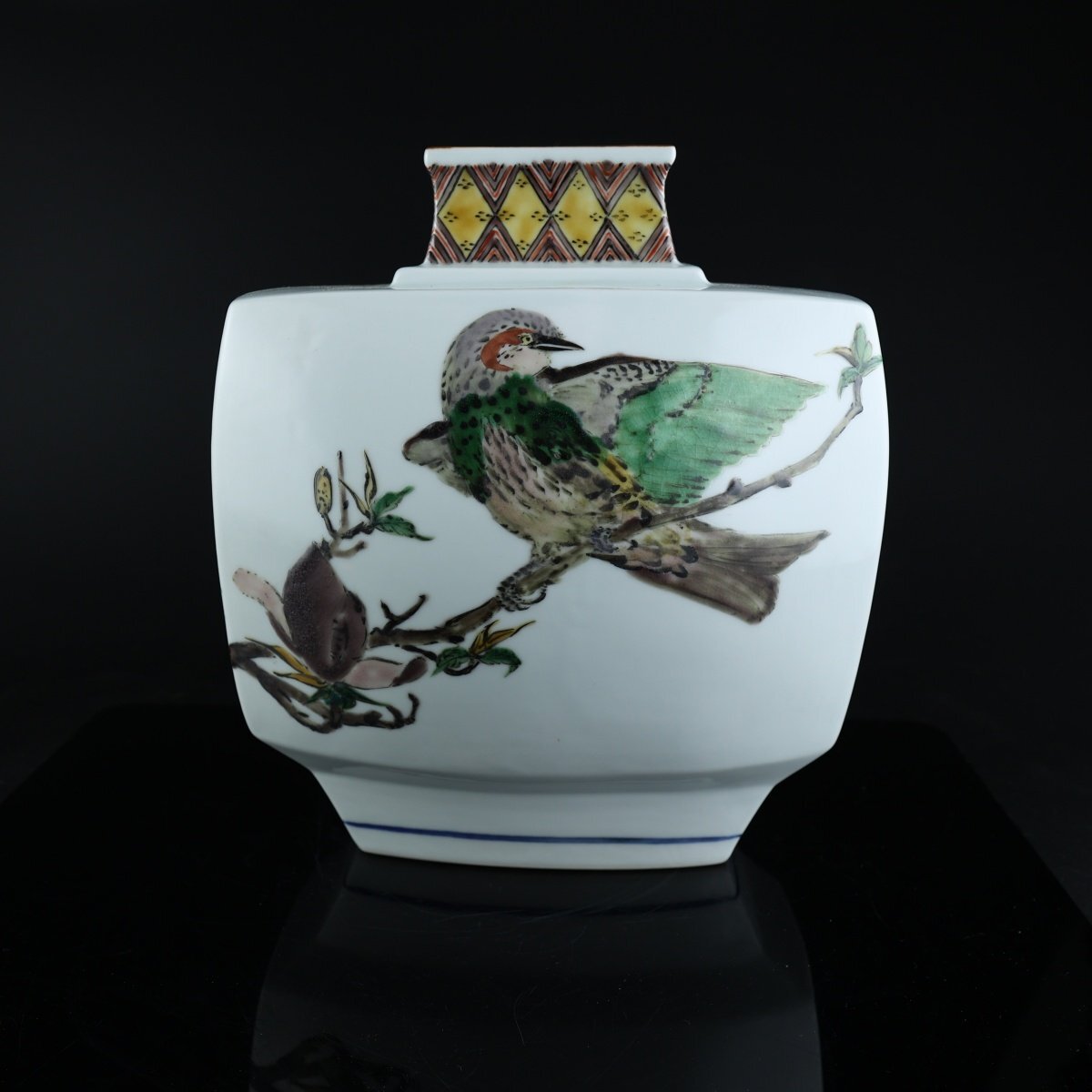 志】K0697 花瓶 鈴木爽司作 色絵扁壺 オファー 花鳥図 華道具 花入 共