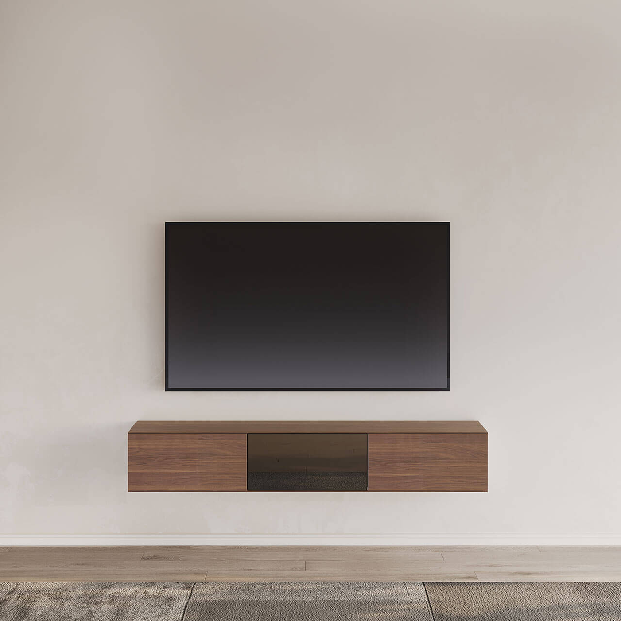 フロートテレビボード 幅180cm 奥行36cm ガラスフラップ扉 壁掛け