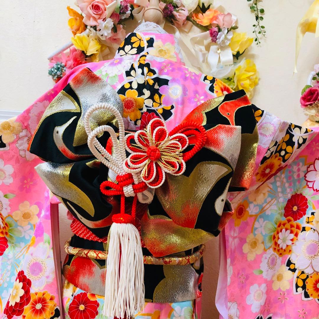 七五三七歳❣️四つ身着物未使用⭐︎薄ピンク花々金彩煌びやか絢爛⭐︎完全フルセット銘品