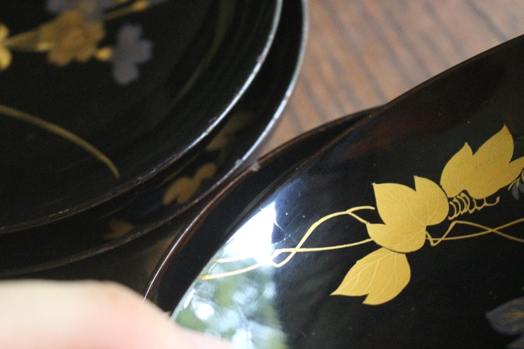 小傷有！時代黒漆に極上草花蒔絵の映える煮物椀5点（