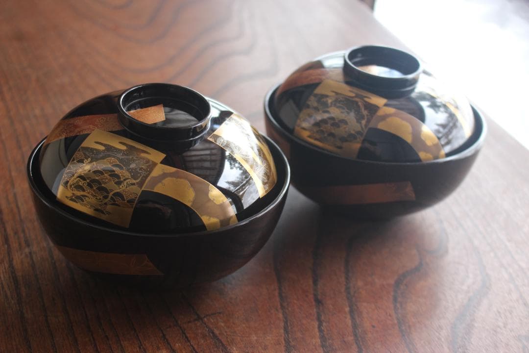 時代逸品！時代黒漆に極上短冊蒔絵の映えるお椀2点（検輪島塗蒔絵椀