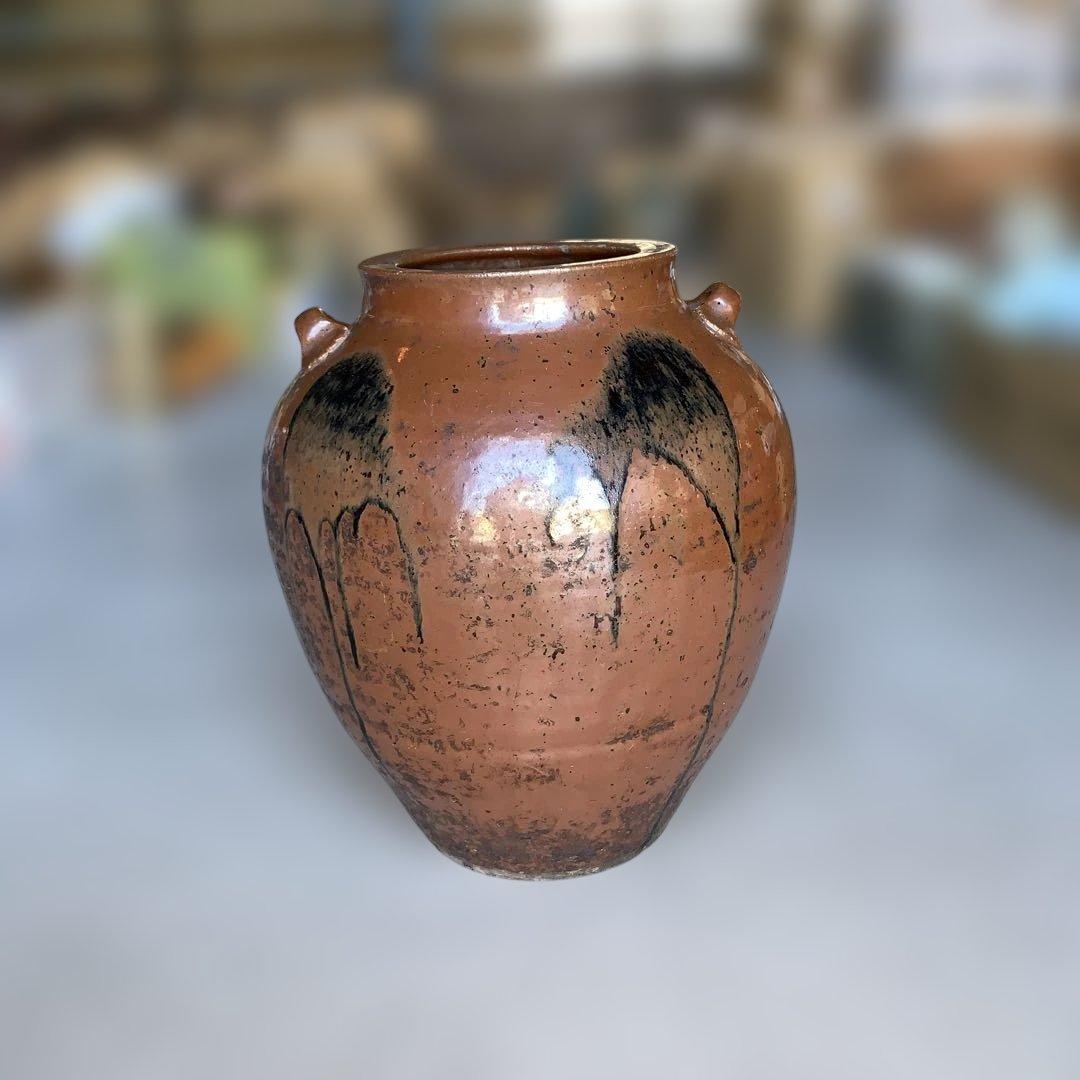 茶色の陶器製，百年灰釉双耳壺 特大32.6㎝ 日本古陶 古美術品 旧家収蔵品 茶色の陶器製，百年灰釉双耳壺 特大32.6㎝ 日本古陶